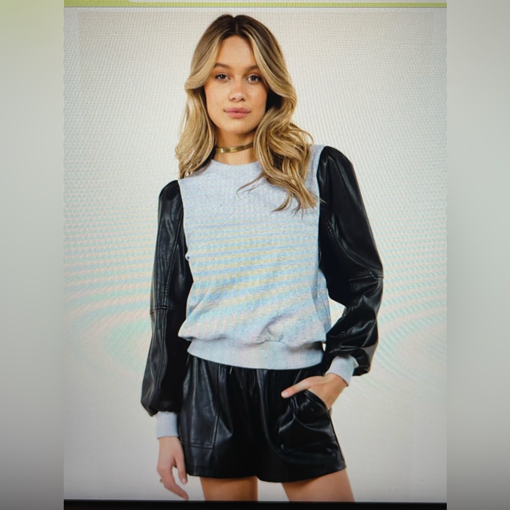 Whiteroom Cactus Women’s PU Combo Cotton Pullover Top Size M in Grey/Black NWT